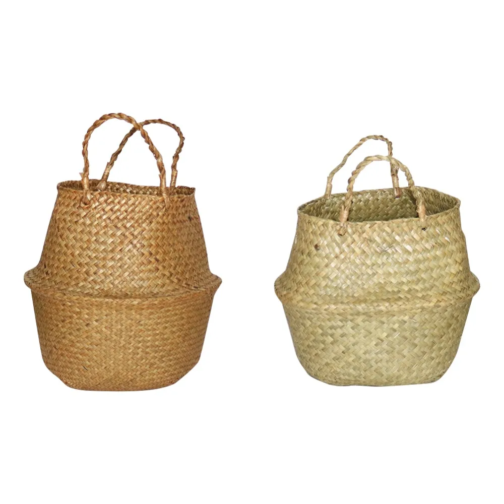 

S/M/L Foldable Natural Seagrass Woven Storage Pot Garden Flower Vase Hanging Basket With Handle Storage Bellied Basket 1 Pcs