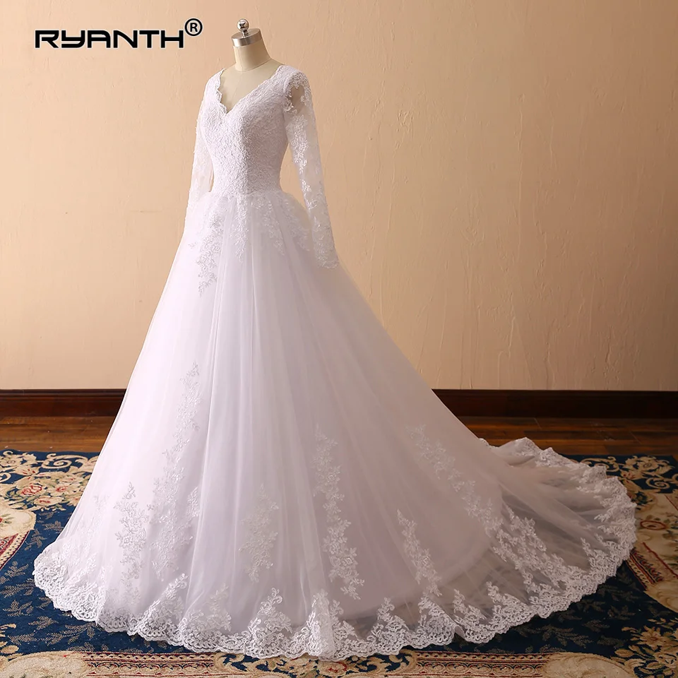 Robe De Mariage Элегантный Sheer длинным рукавом кружева линии Свадебные платья 2019 кнопки платье невесты подвенечные свадебные платья