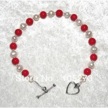 

New Arriver Jewelry Round Red Coral Gem Stone Beads White Freshwater Pearls Bracelet 4-8mm 7.5inch Heart Clasp Free Shipping