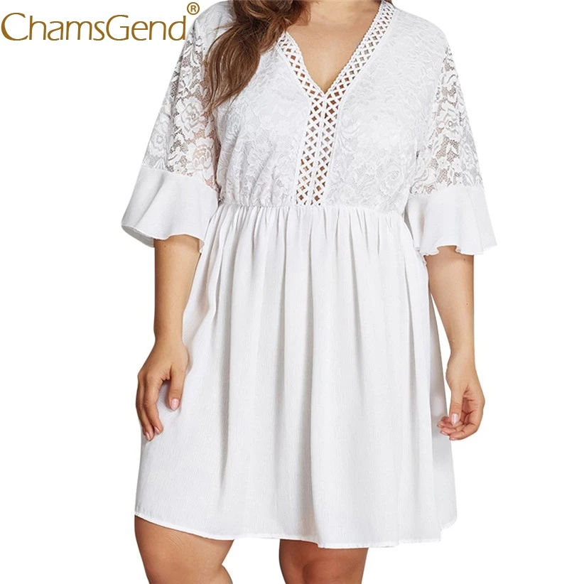 

Sexy Women Floral Lace Hollow out V Neck White Dress Female Lady Ruffle Half Sleeve Empire Party Dress XL,2XL,3XL,4XL, 90411