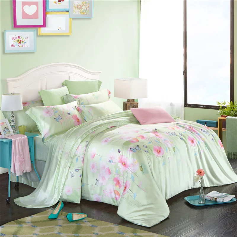 green pink floral print 100 Tencel quilt cover flat sheet pillowcase