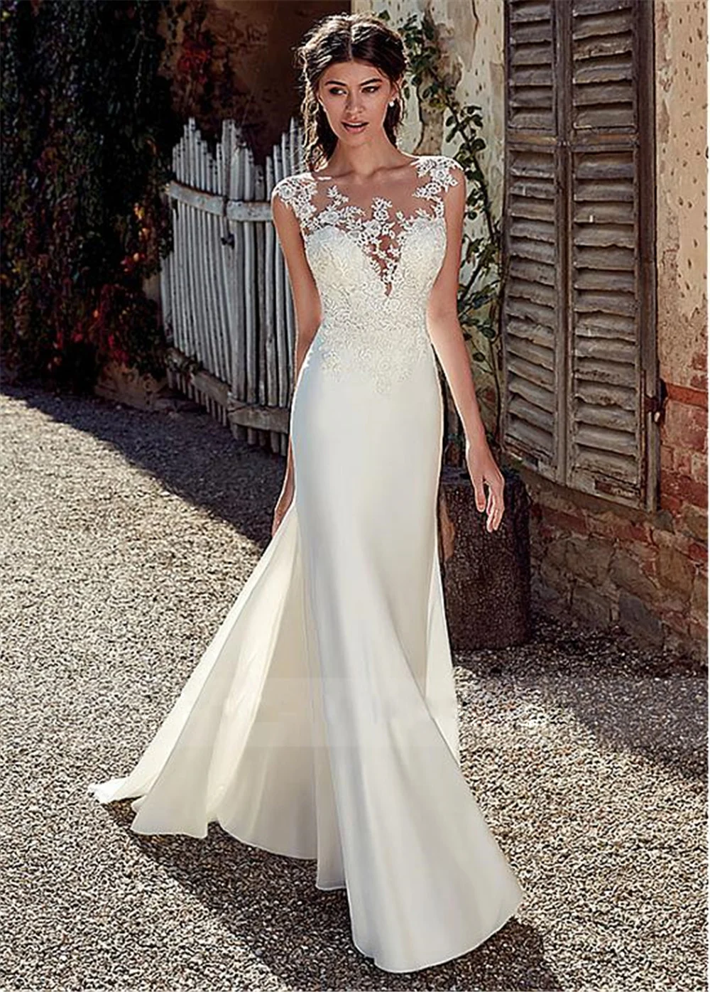 Sexy Illusion Sheath Wedding Dress Cap Sleeve Bridal Dresses High
