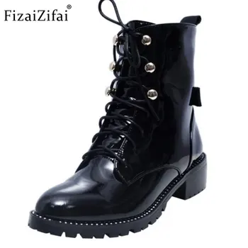 

Coolcept Ladies Genuine Leather High Heel Boots Women Cross Strap Rivet Round Toe Thick Heels Boot Warm Botas Mujer Size 34-39
