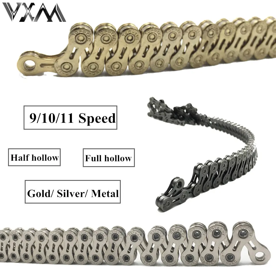 Best VXM Bicycle Chain 9/10/11 Speed Half/Full hollow Bike Chain Super Light single 116 links Gold Silver metal MTB Road Bike Chain 3