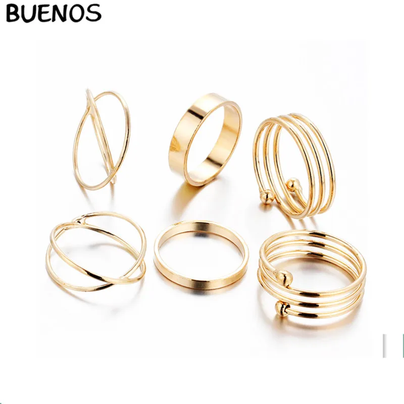 

BUENOS 6pcs Gold Geometric Joint Alloy Rings Sets Woman Fashion Creative Personality Simplicity Trendy Jewery Gift