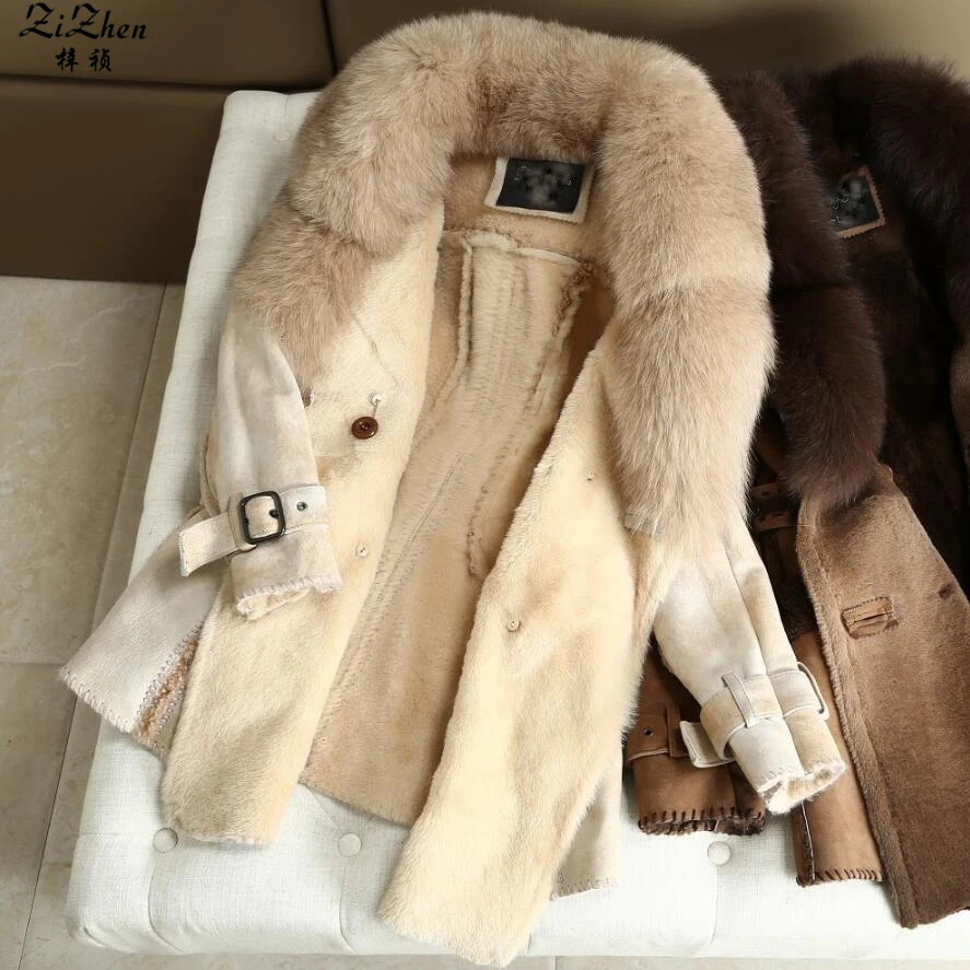 Winter Women's Double-faced Fur Real Lamb Fur Kid Suede Coats Natural Fox Fur Collar Long Jacket The Coat Promotion 180629-1