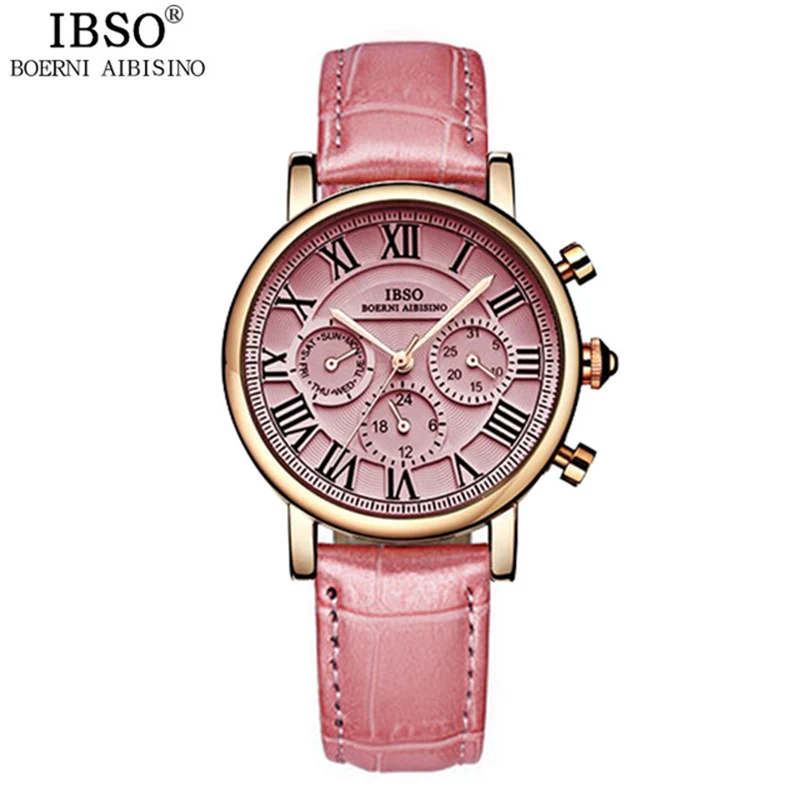 

Montre Fem IBSO Brand High Quality Luxury Red Women Watches 2018 Week And Calendar Fashion Watch Women Genuine Leather Strap