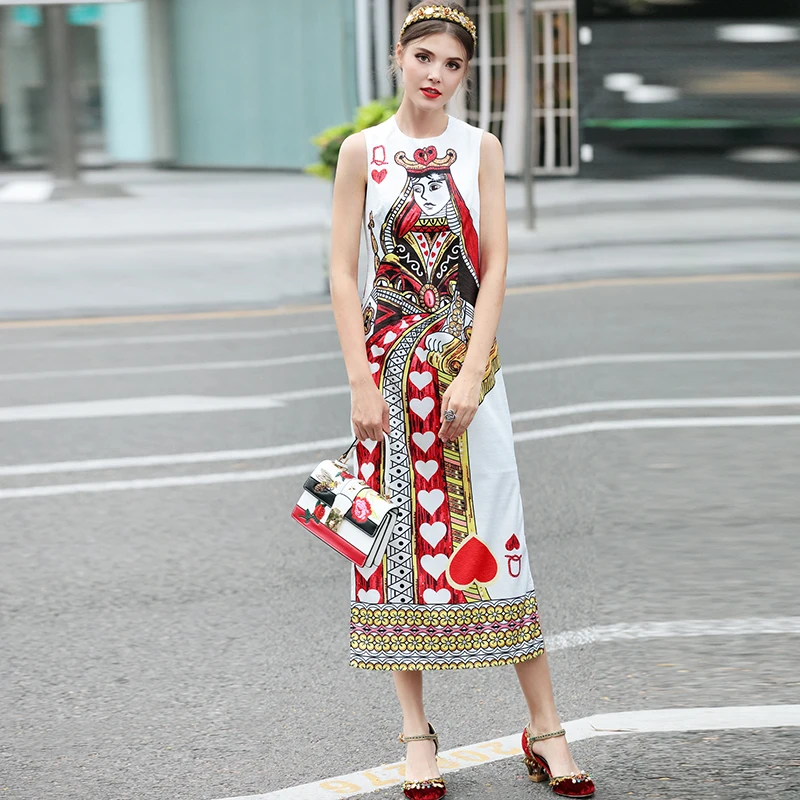 

Hot Summer Runway Designer Women Italian Style Sleeveless Plus Size Tank Slit Dress Character Printing High Quality Dress