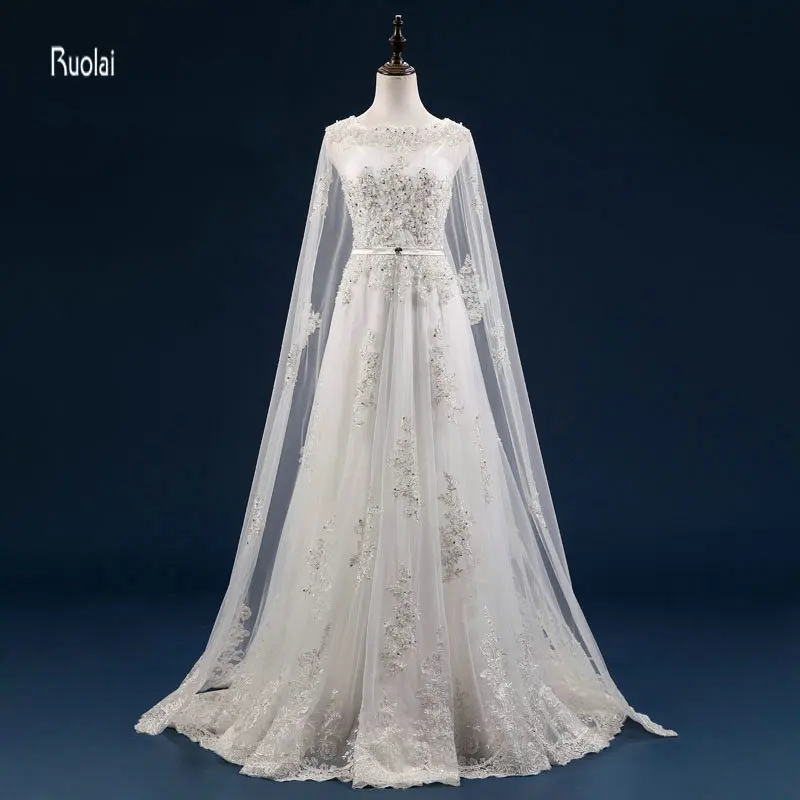 

Vestido De Noiva Custom Made Beading Appliques Long Sleeve Belt Lace Wedding Dress 2017 robe de mariage Wedding Gown With Cape