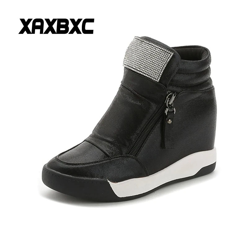 

XAXBXC 2018 Winter Crystal Rhinestone Leather Zip Increasing Wedges Platform Casual Women Sneakers Mujer Vulcanized Shoes Boots