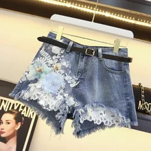 Лето Вышивка Кружева Лоскутная Ткань 3D цветы джинсовые шорты Женская мода Улица кисточкой рваные свободные шорты без ремня W1718