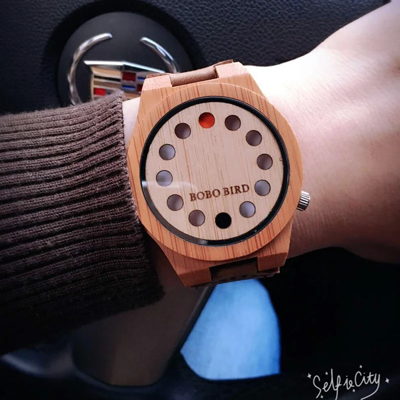 BOBO BIRD V-A04 Light Eco-friendly 12 Holes Design Wooden Watches Men Leather Quartz Watch Special Hands Bracelet