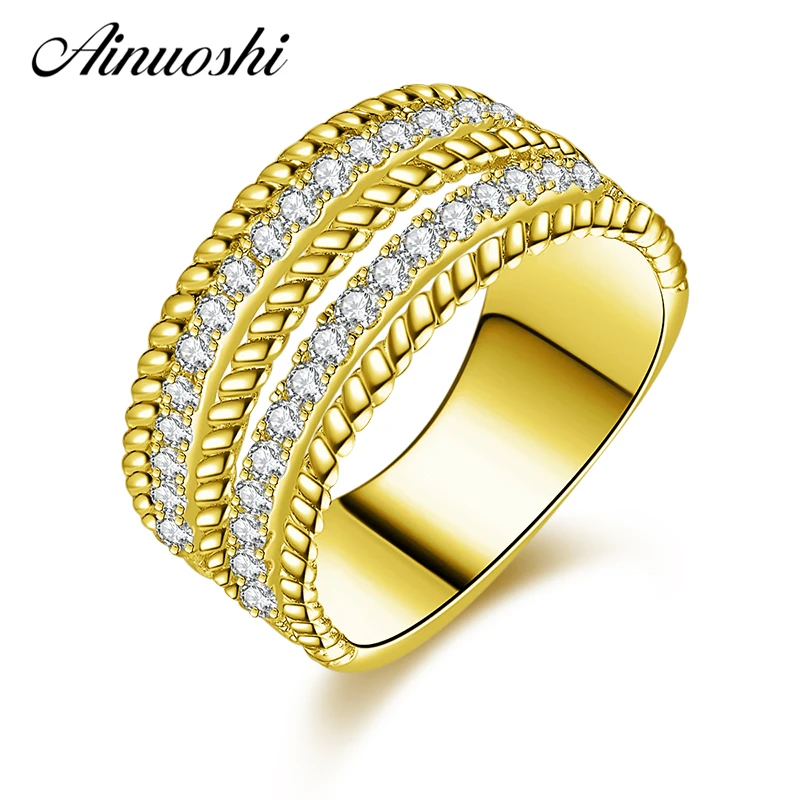 

AINUOSHI 10K Solid Yellow Gold Engagement Rings 2 Rows Drill SONA Simulated Diamond Wide Design Band Lovers Anniversary Ring