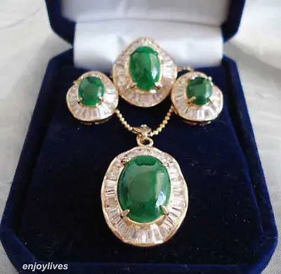 

Fast shipping Emerald Green Jade 18KGP Cubic Zirconia Pendant Necklace Earrings Ring Set (A0424)