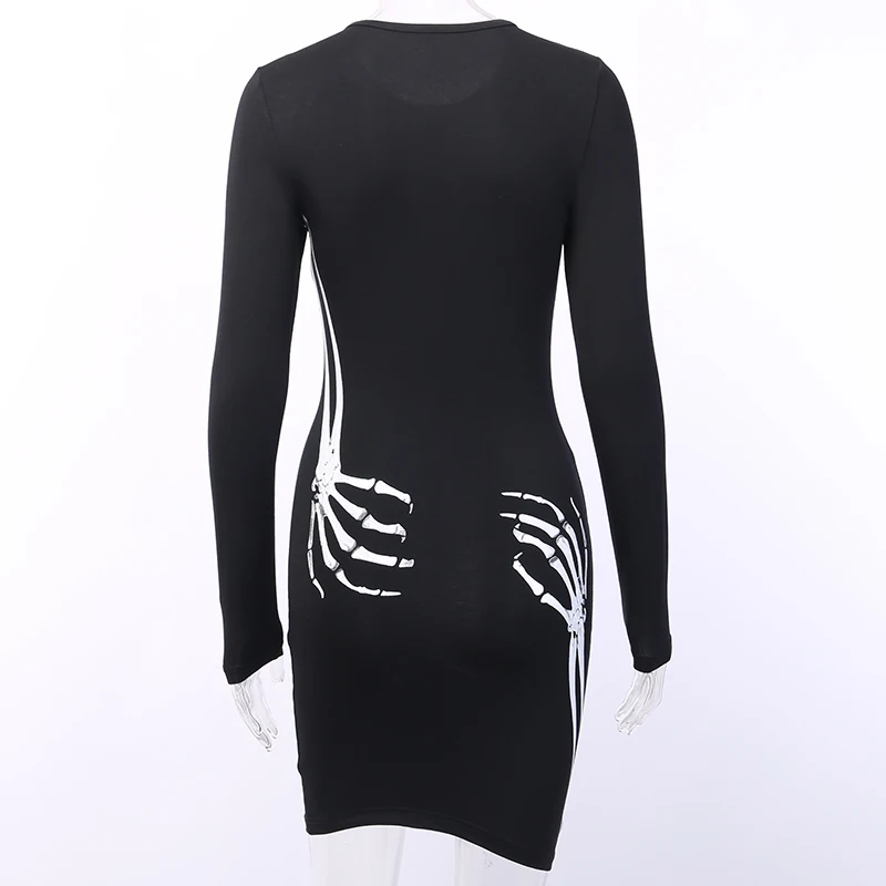 InsGoth Women Black Skinny Gothic Dress Skull Printed Vintage Long Sleeve Mini Party Dress Halloween Female Streetwear Dress