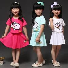 Chinoiserie cartoon sheep short sleeve cotton summer princess clothing set for baby girl skirt and shirt suit pattern 2 pcs set
