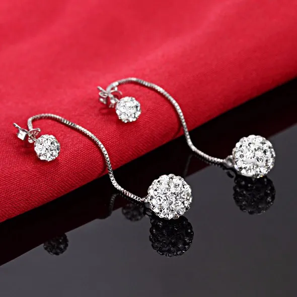 Double Cubic Zirconia Crystal Ball Dangle Earring 925 Sterling Silver