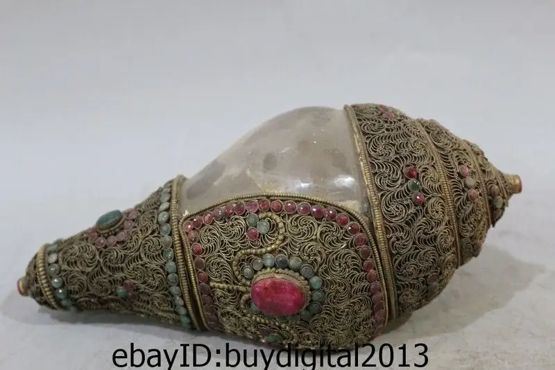 

9 Tibet Buddhism crude crystal gem Silver Handwork inlay ruby with beryl Conch
