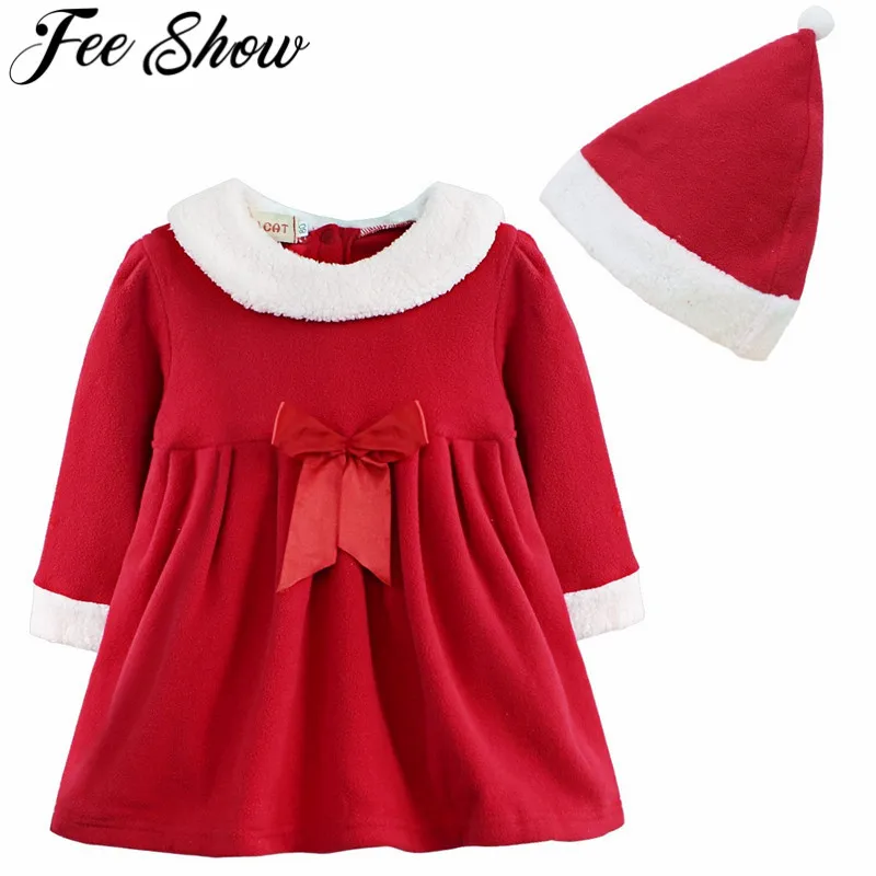 Новогодняя одежда для новорожденных осенне-зимний Рождественский костюм Санта-Клауса с бантом для девочек, платье со шляпой размеры 12 Months-3Y