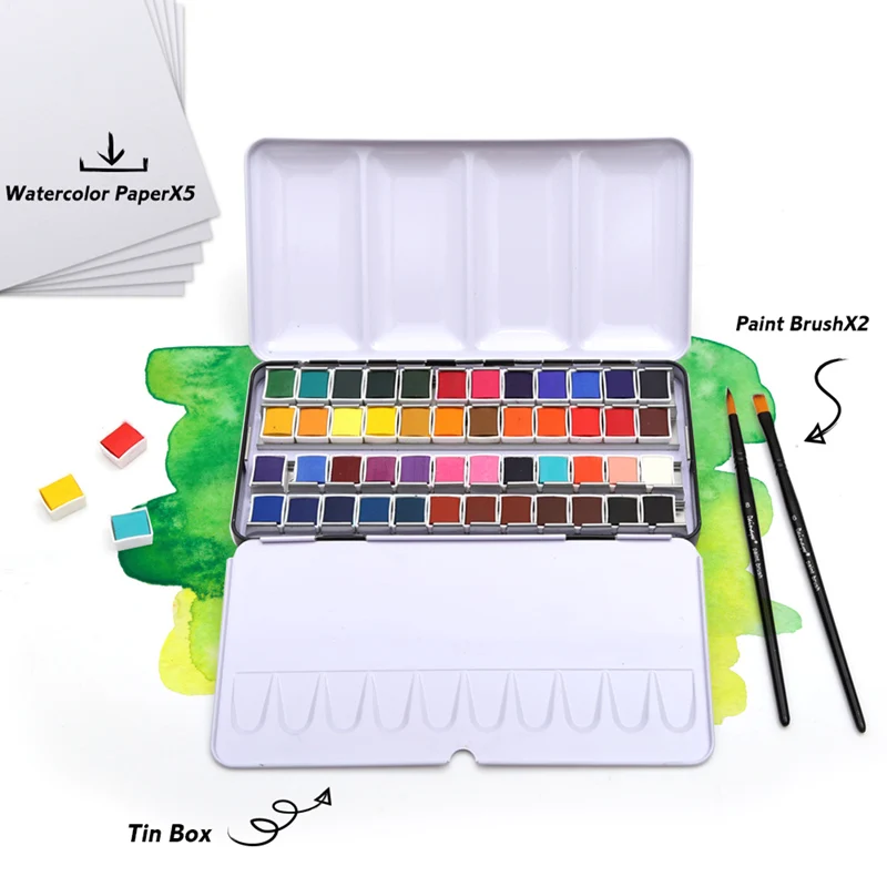 DAINAYW Portable 48Colors Pigment Solid Watercolor Paints Set Tin box Paint Set with 48Colors Half Pan 2 Brush Pen Water paper