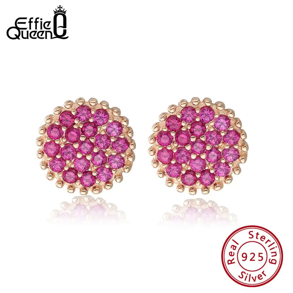 Effie queen 925 серебряные серьги для женщин 4A Циркон розовый камень розовый золотистый цвет, Круглый гвоздики серебряные украшения, серьги BE161