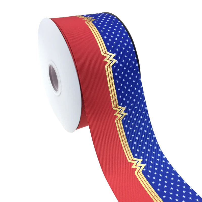 

BOCA 3"75mm wonderman design gold hologram printed with heat transfer grosgrain ribbon
