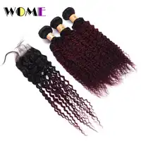 Wome Ombre Hair Two Tone Color Peruvian Kinky Curly Hair Bundles With Closure T1B/99J Human Hair Weaving Curl Hair Extensions