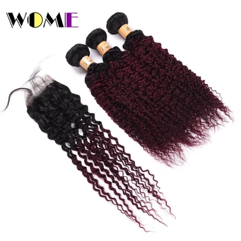 

Wome Ombre Hair Two Tone Color Peruvian Kinky Curly Hair Bundles With Closure T1B/99J Human Hair Weaving Curl Hair Extensions