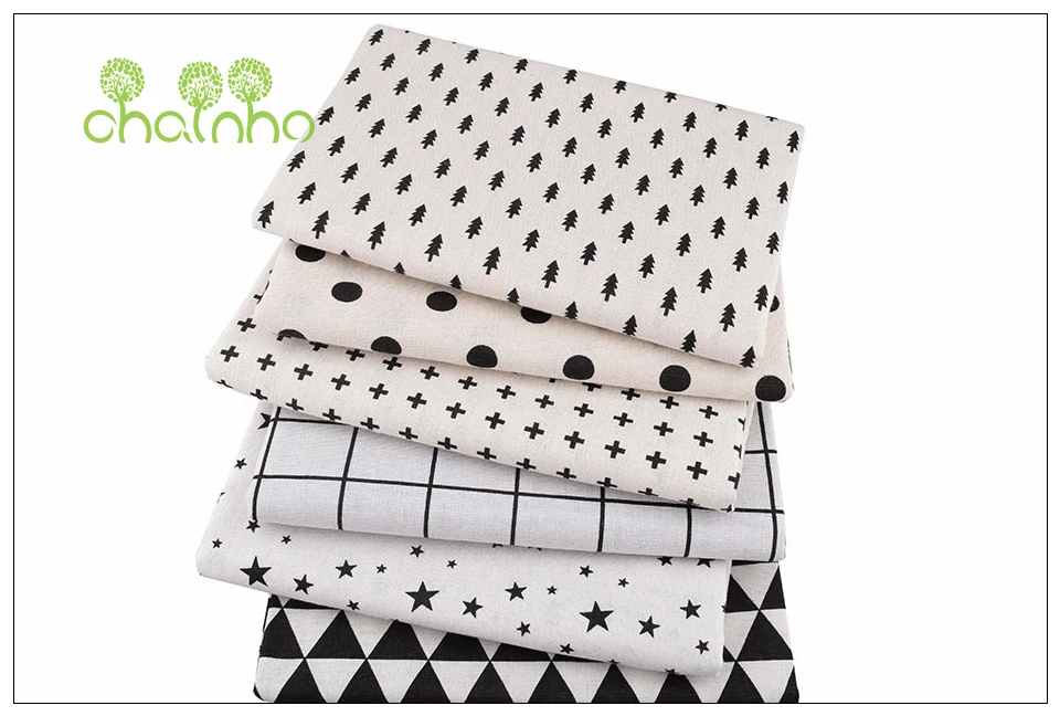 Chainho,6pcs/Lot,Black&White Series,Patchwork Printed Cotton Linen Fabric,For DIY Quilting&Sewing Placemat,Bags Material,25x45cm