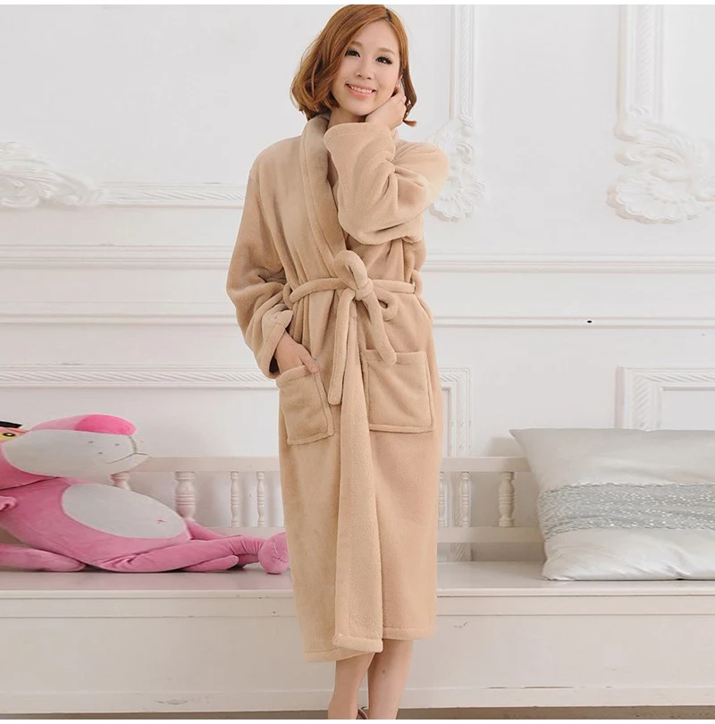 Women Men Flannel Bath Robe Sleepwear Autumn Winter Solid Plush Couple Bathrobe Thick Warm Female Robe Dropshipping