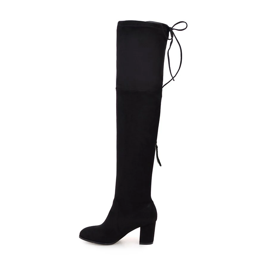 QUTAA/; женские Сапоги выше колена; элегантные женские мотоботы черного цвета с острым носком, на молнии, на высоком квадратном каблуке; Размеры 33-43