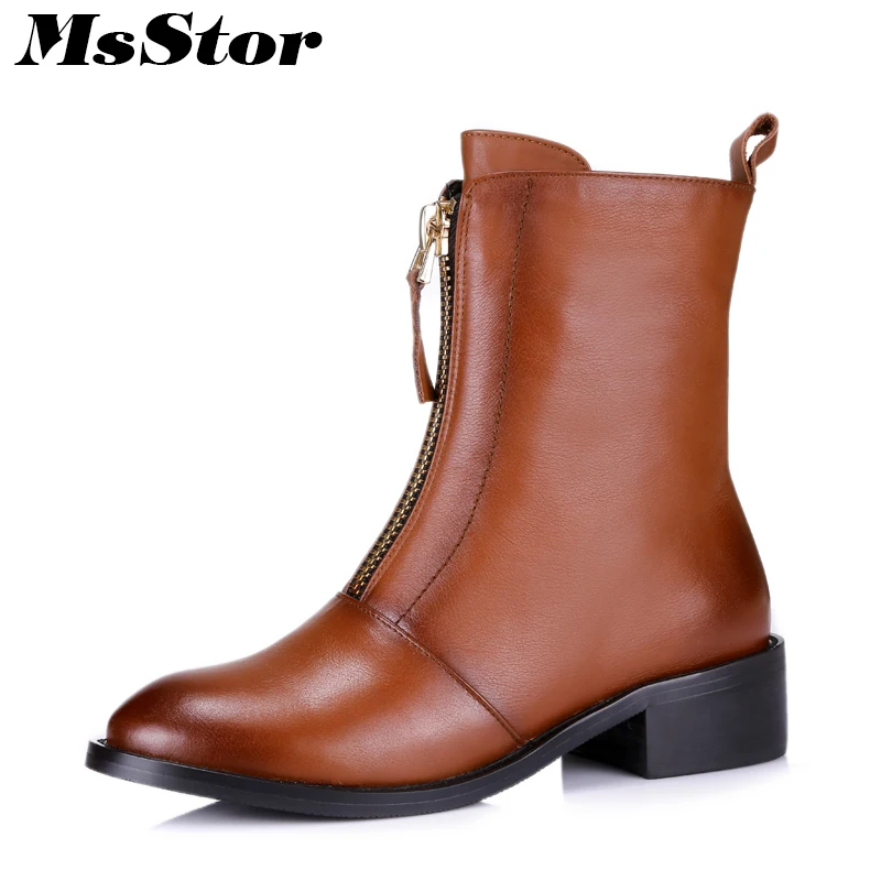 

MsStor Round Toe Square Heel Boots Shoes Woman Casual Fashion Metal Zipper Ankle Boots Women Shoes Med Heel Bota Feminina Boots