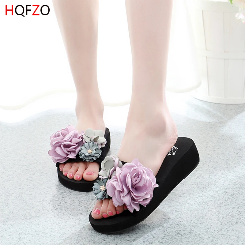 HQFZO/ручная работа; Chanclas; шлепанцы с цветочным узором; женская обувь на платформе и высоком каблуке; летние пляжные вьетнамки на танкетке; сандалии; Zapatos slate; сланцы