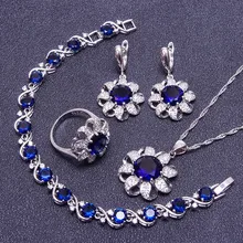 Синие камни белый кубический цирконий стерлингового серебра ювелирные наборы для женщин окруженные браслеты/ожерелье/кулон/серьги/кольца