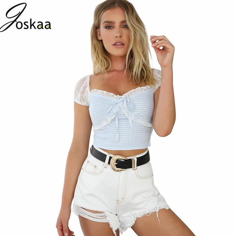 

Joskaa Plaid Lace Patchwork Sexy T-shirt Short Sleeve Feeme Tee Strench Cute Crop Tops Streetwear Summer New