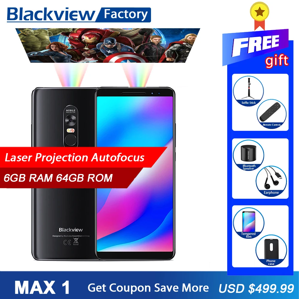 

BLACKVIEW MAX 1 Smartphone Laser Projection 6GB 64GB Android 8.1 6.01 inch Octa core Mobile Phone 16MP NFC 4G 4680mAh cell phone