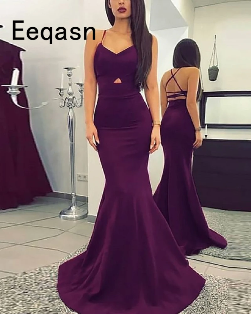 

2019 Simple Mermaid Evening Dresses Long Prom Dresses Spaghetti Straps V-Neck Purple Evening Gown for women robe de soiree