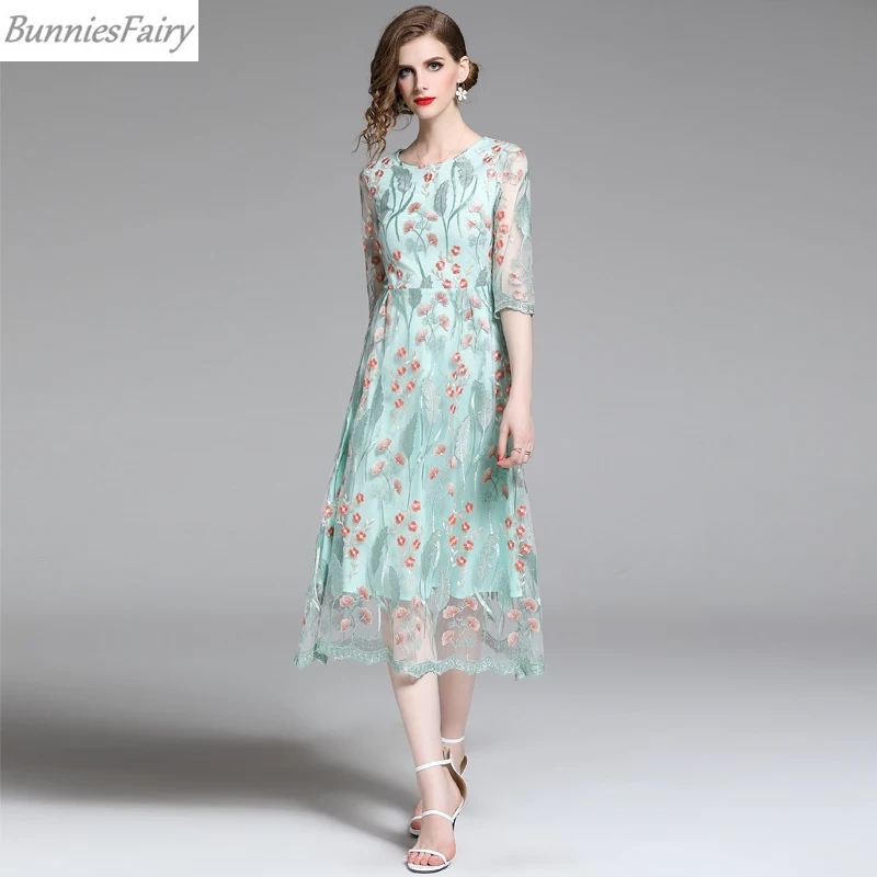 Mesh Embroidered Dress Female Summer Sweet Long Fresh Green Midi | Женская одежда