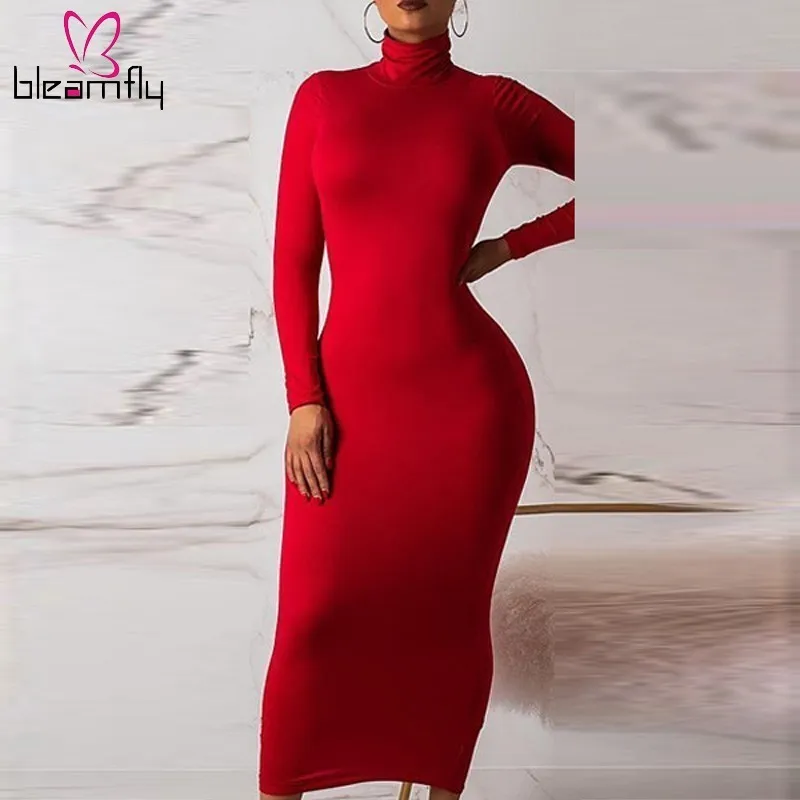 

Turtleneck Long Sleeve Pencil Dress Women Red Bodycon Midi Dresses 2019 Autumn Casual Streetwear Party Elegant Bandage Vestidos