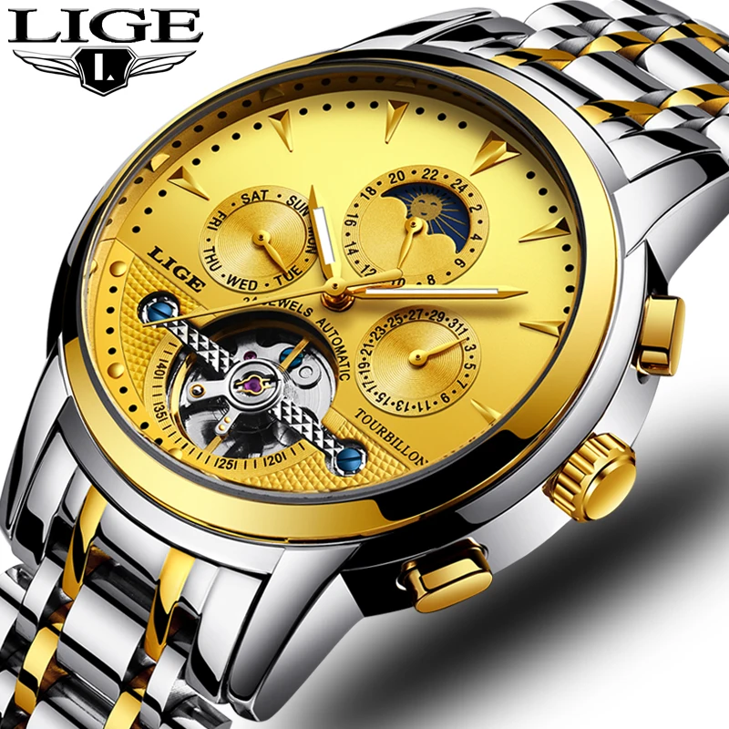 

2018 New Men Fashion Leather LIGE Automatic Mechanical Tourbillon Watch Calendar Moon Phase Sports Watches Relogio Masculino+Box