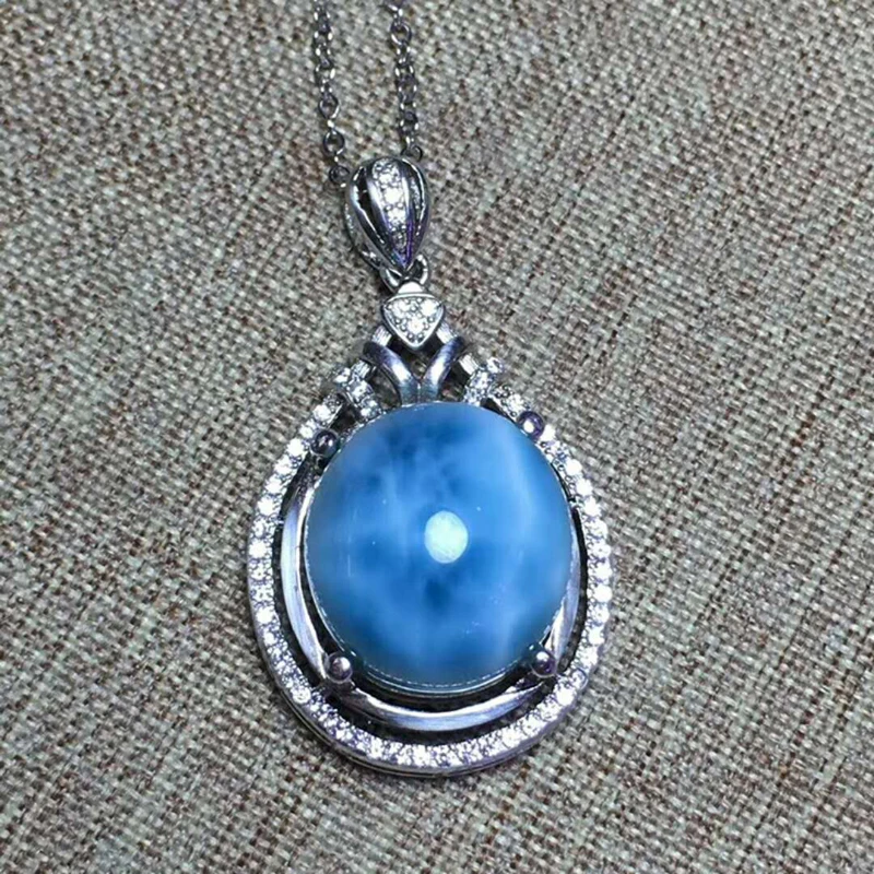 

KUIJIA Natural Larimar Pendants Copper Pectolite size 14.5*13.1mm S925 silver inlay Give S925 silver chain