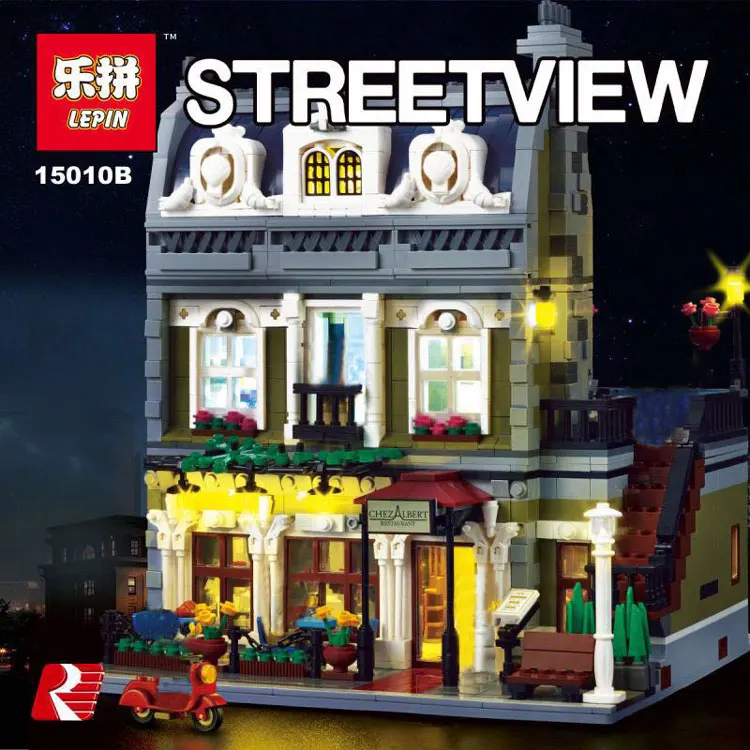 

Lepin 15010B Streetview Series 10th Anniversary The Parisian Restaurant Set with Light Version Building Blocks Bricks Toys 1024