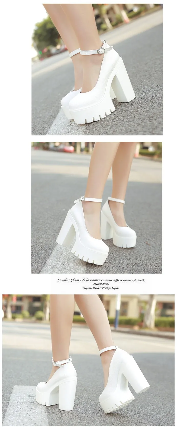 Women's Classy Round Toe Ankle Strap Thick Square Heels White Model