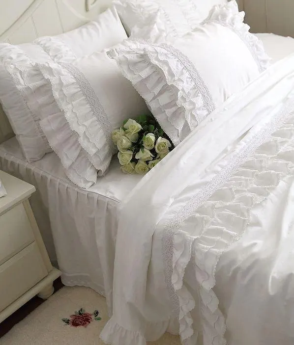 Роскошный корейский комплект постельного белья, элегантный кружевной пододеяльник с вышивкой и оборками, многослойное постельное белье, покрывало, простыня, наволочки