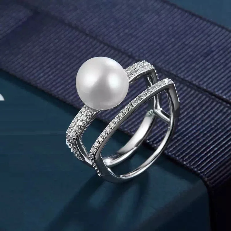 

Freshwater Pearl Double Line Zircon D Finger Ring 925 Sterling Silver Zircon Ring Created Women Wedding Monaco Jewelry