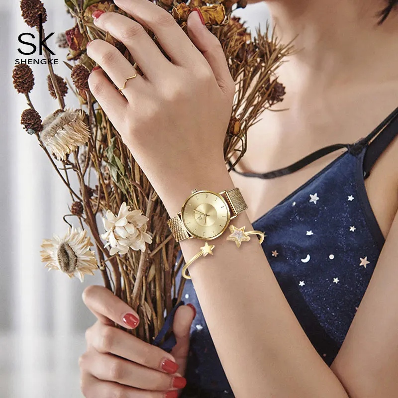Shengke женские Роскошные Кварцевые часы с кристальной звездой браслет золотой браслет часы набор SK подарок на день рождения для женщин