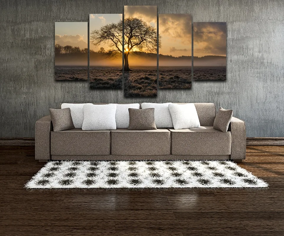 Картина на холсте винтажная Настенная картина в рамке напечатаны картины 5 панели с постерами Sunrise Tree пейзаж фото для декора гостиной