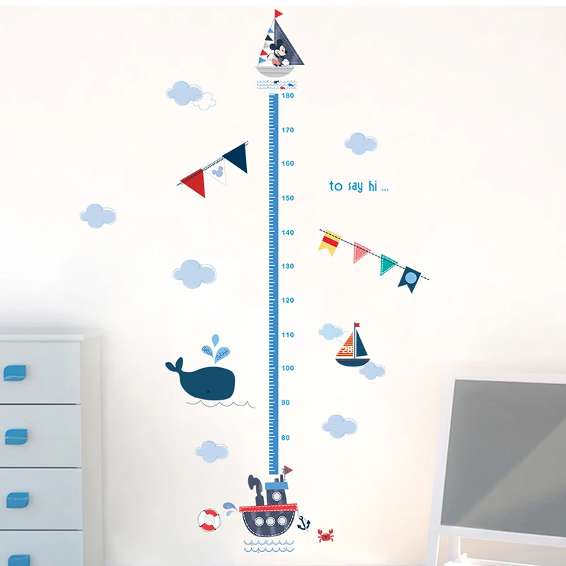 Cartoon Micky Minnie Sea Boat Whale Growth Chart Wall Stickers For Kids Room Decor Mural PVC Home Wall Art Height Measure Decals