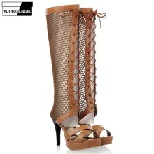 Новинка; женская обувь на высоком каблуке; дышащие летние женские ботинки; пикантные туфли-лодочки; обувь в римском стиле на шнуровке с открытым носком; Цвет Черный