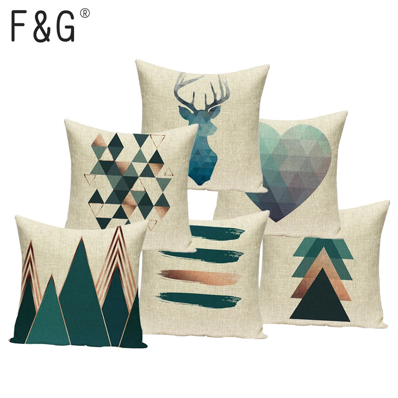 

Green Pattern Geometry Cushion Covers Linen Cotton Pillow For Chair Birthday Party Adult Sofa Decorative Cushions Home Decor